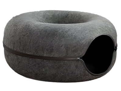 Lit donut pour 2 chats avec tunnel détachable – Jouet interactif en feutre, idéal pour le repos et le jeu